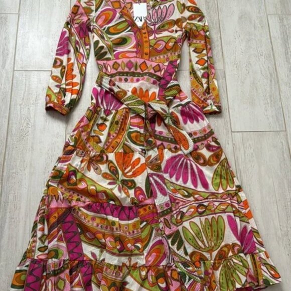 NEW ZARA NEW COLLECTION Printed Midi Dress 8252/254 Floral Tiered Ruffle S 4 6 - Picture 7 of 7